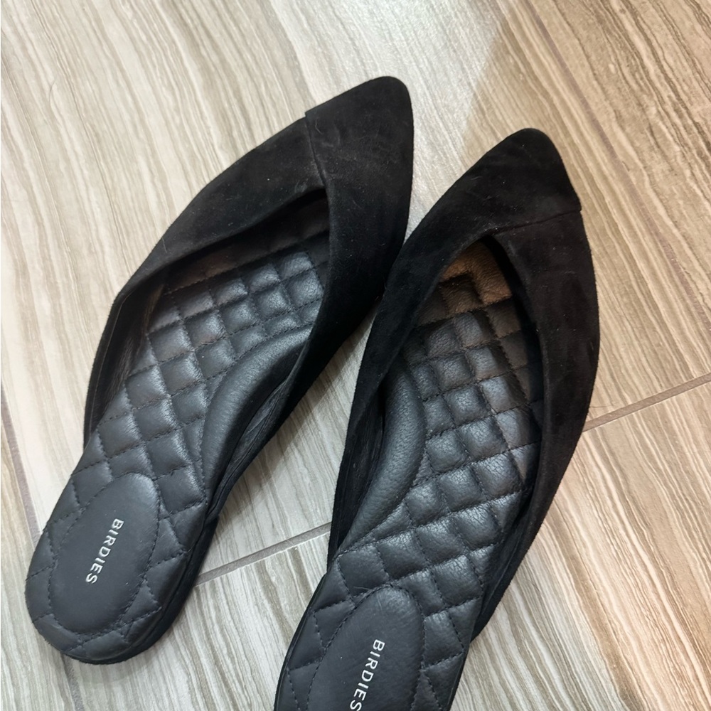 Birdies Black Pointed Toe Quilted Slip-On Flats